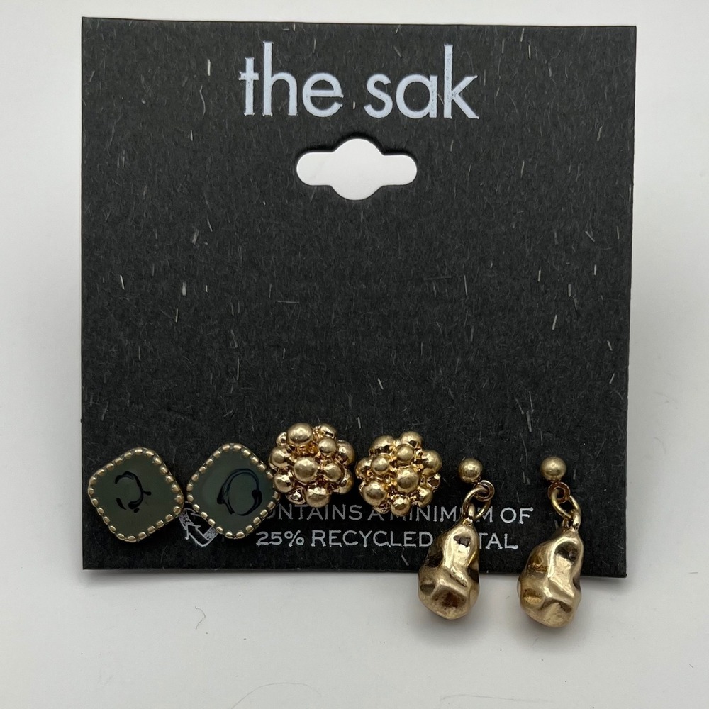The Sak Earrings Set of 3 Stud Drop Earrings‎ Gold Square Round Dangle